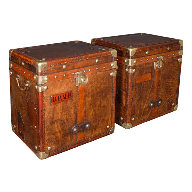 2 Late Vintage Campaign Luggage Cases, English, Leather, Nightstand, Bedside For Sale
