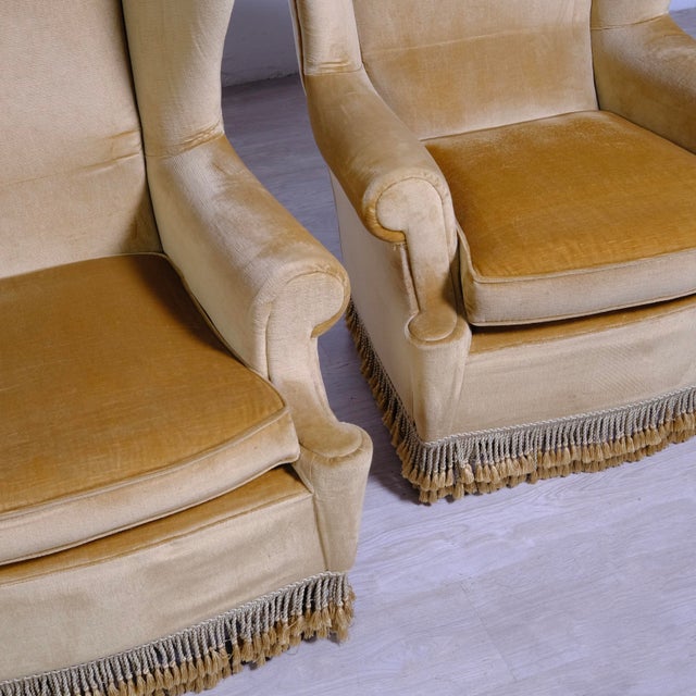 Set of Highback Armchairs in Beige Velvet with Wooden Legs, 1970s For Sale - Image 5 of 18