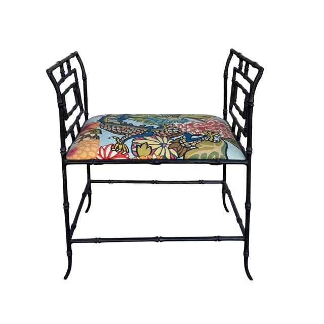 Hollywood Regency Faux Bamboo Metal Bench W Schumacher Chiang Mai Dragon.