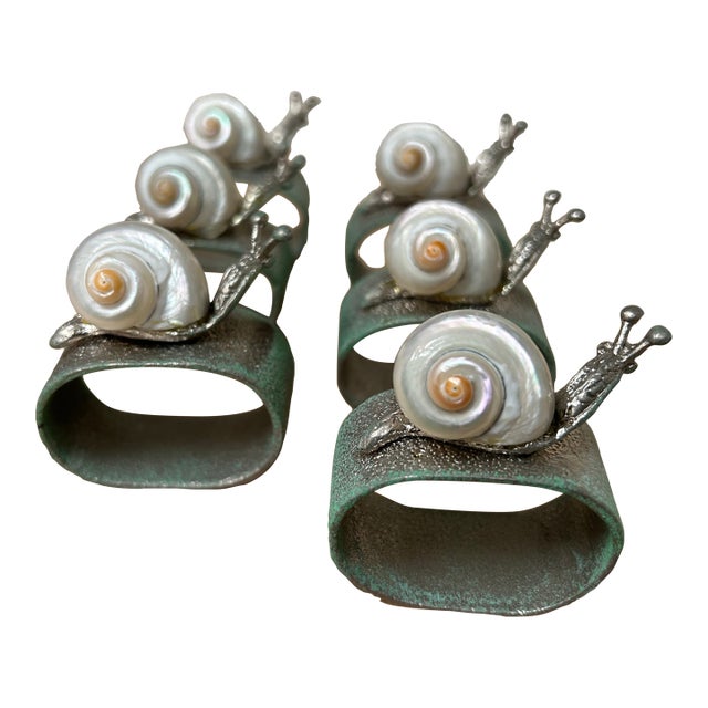 1990s Handcrafted Vintage Steel & Shellcraft Snail Napkin Rings- Set of Six For Sale