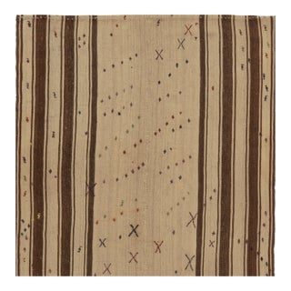 1950s Vintage Turkish Kilim Rug in Beige & Brown Stripes, Geometric Patterns-5x5 For Sale