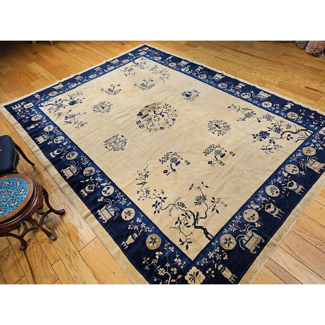 Late 19th Century Antique Chinese Peking Rug, Hand-Knotted Wool Pile, Tan Field, 10' x 13' For Sale - Image 5 of 17