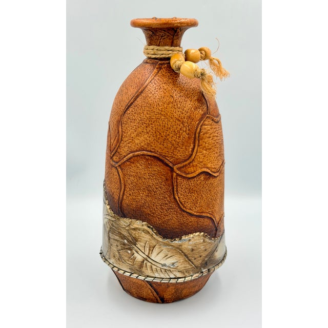 Folk-Art Mexican Hand-Tooled Leather and Tin Wrapped Bud Vase Southwestern Decor For Sale - Image 4 of 7