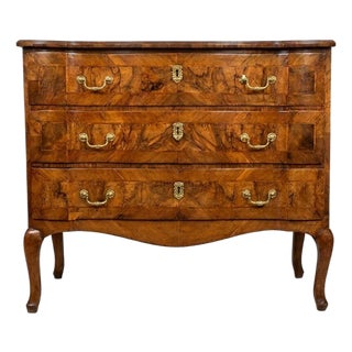 Continental Rococo Style Burl Walnut Arbalète-Form 3-Drawer Commode For Sale