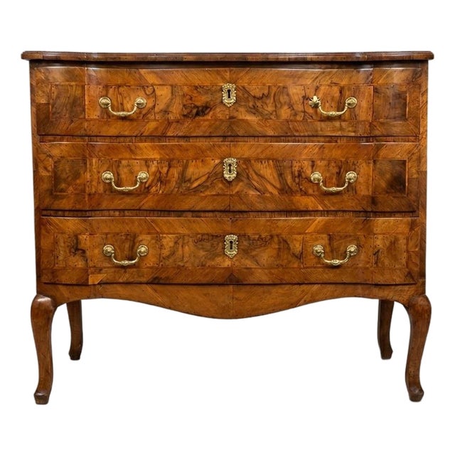 Continental Rococo Style Burl Walnut Arbalète-Form 3-Drawer Commode For Sale