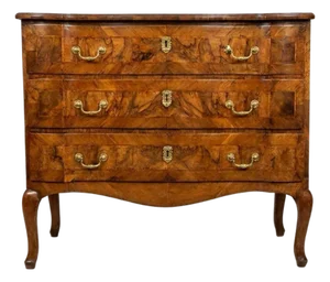 Continental Rococo Style Burl Walnut Arbalète-Form 3-Drawer Commode