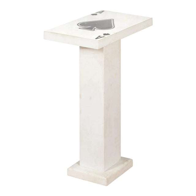 Contemporary White Marble Stand with Ace of Spades Motif and Pedestal Base For Sale