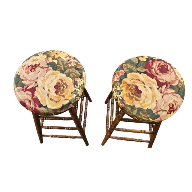 Mid 20th Century Pair Mid 20th Century Turned Walnut and Upholstered Barstools For Sale - Image 5 of 8