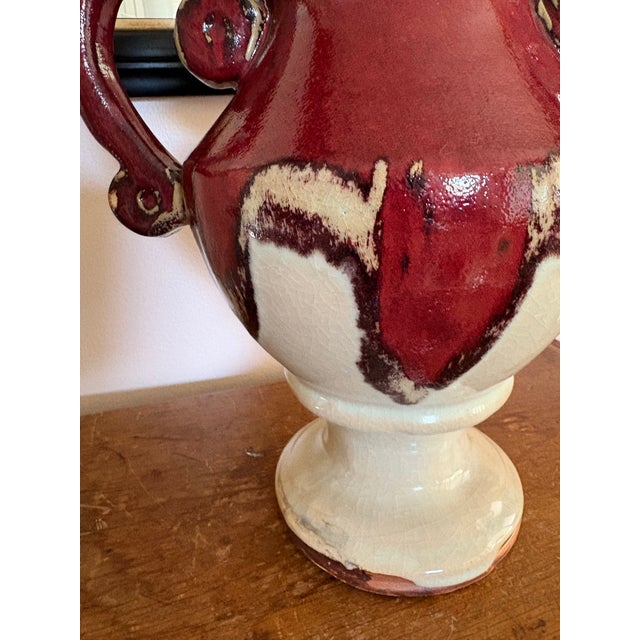 Abstract Vintage Red & Cream Studio Pottery Double Handled Vessel For Sale - Image 3 of 11