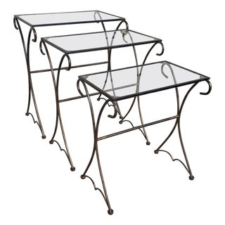 Mid 20th Century Midcentury Scrolling Iron Patio Nesting Side Tables with Glass Tops, Set of 3 For Sale
