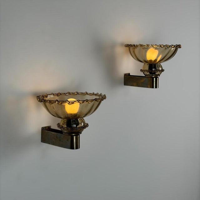 Art Deco Amber Murano Glass Sconces by Aureliano Toso for Toso, 1940s, Set of 2 For Sale - Image 4 of 18