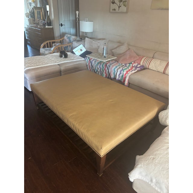 Traditional Lee Industries Large Leather Cocktail Ottoman in Apex Sand Tan Color Wood Slats Great Used Condition. On Casters For Sale - Image 3 of 11