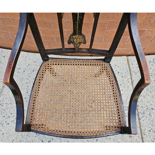 Chippendale 18th Century Ebonized and Inlays Decorated Cane Seat Armchair For Sale - Image 3 of 8