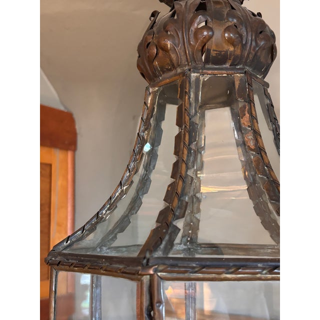 Antique Lantern-Shaped Ceiling Fixture With Three Arm Light Source Within For Sale - Image 10 of 11
