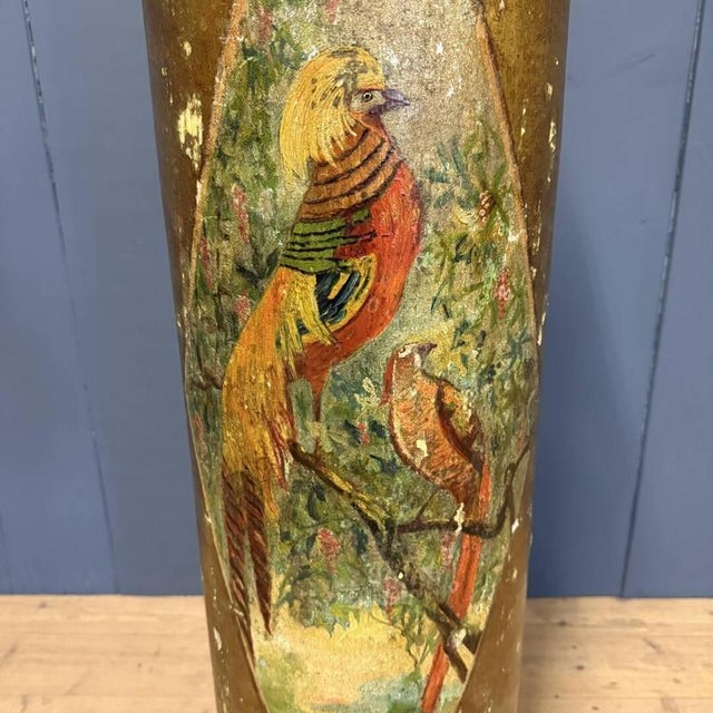 Large Antique Painted Earthenware Column with Golden Pheasants For Sale - Image 13 of 18