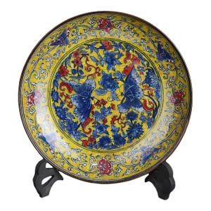 Chinese Vintage Ceramic Plate,Qing Dynasty Kangxi Marked Yellow Ground Famille Verte Porcelain Plate Hand Painted Butterfly Pattern