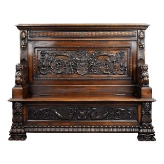 Antique Carved Oak Hall Bench, 1880 For Sale