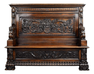 Antique Carved Oak Hall Bench, 1880