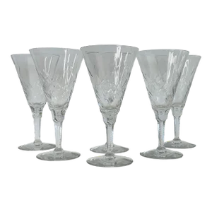 1930s Art Deco Hand-Cut Clear Glass Champagne Stems- Set of 6