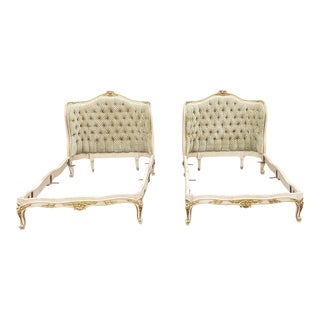 Pair Antique French Louis XV Style Gilt Painted Tufted Upholstered Twin Beds C1900 For Sale