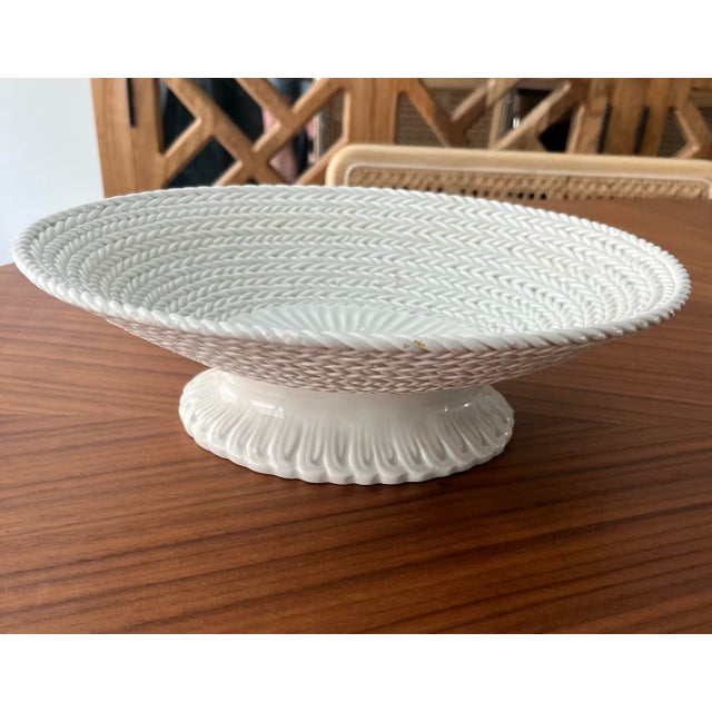 A beautiful, vintage, Italian, ceramic ropework pedestal bowl. Gorgeous on its own, or filled with brightly colored fruit.