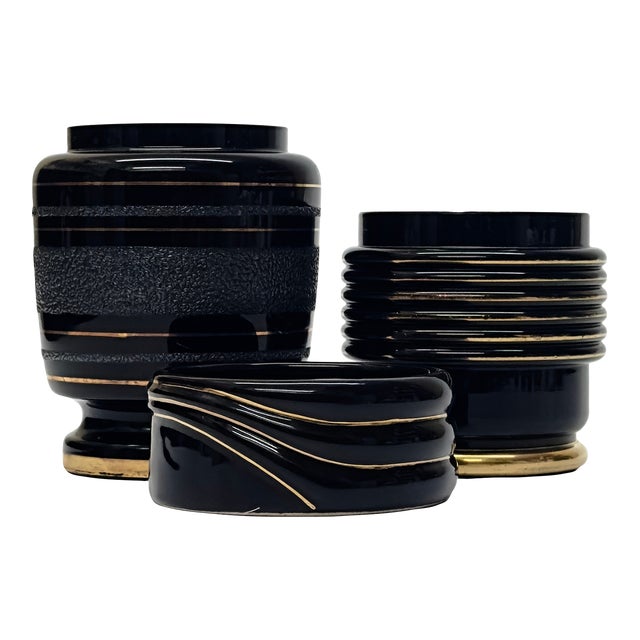 1980s Art Deco Revival Black and Gold Vessel Curation - Group of 3 For Sale
