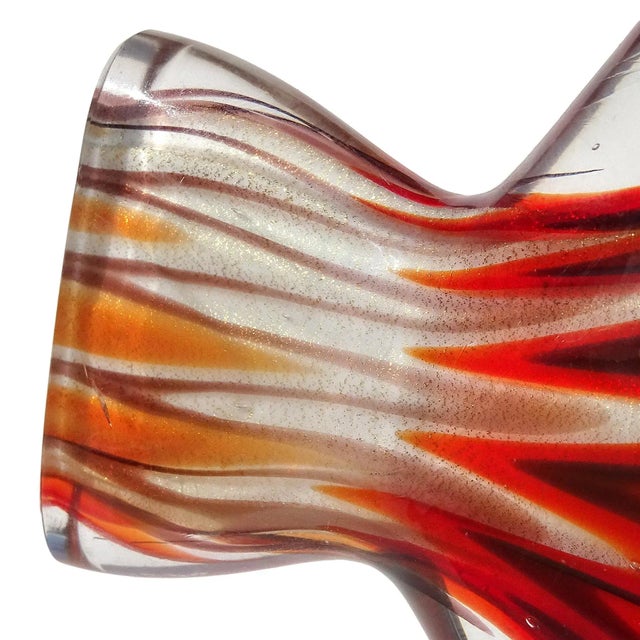 Vintage Murano Red Orange White Gold Flecks Italian Art Glass Flat Fish Figure Sculpture Paperweight For Sale In Orlando - Image 6 of 11
