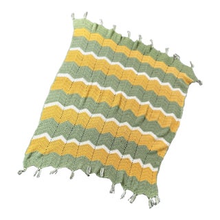Vintage 1970s Handmade Avocado Green, Mustard Yellow Chevron Afghan Blanket Throw For Sale
