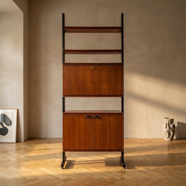 Mid-Century Modern Modular Wall Unit in Veneer and Black Metal Shelving Cabinet, Europe, 1960s For Sale - Image 14 of 14