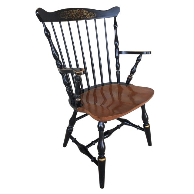 Mid 20th Century L. Hitchcock Solid Maple and Stencilled Set of 4 Harvest Black Fan Back Dining Chairs - Vintage Mid 20th Century For Sale - Image 5 of 6