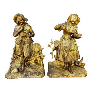 Late 1800s Bronze Bookends, Young Lady and Gentleman Flirting - Set of 2 For Sale