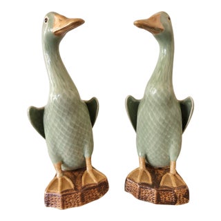 Vintage Chinese Celadon Glazed Ceramic Ducks, a Pair For Sale
