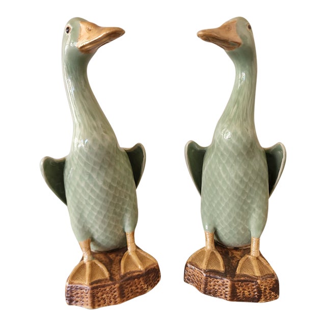 Vintage Chinese Celadon Glazed Ceramic Ducks, a Pair For Sale