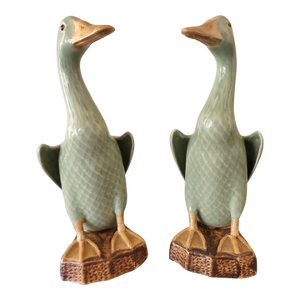 Vintage Chinese Celadon Glazed Ceramic Ducks, a Pair