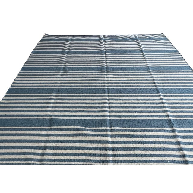 Handmade Thick Woolen Flat Weave Rug, Sky Blue and White Striped Wool Rug - 8'x8' For Sale - Image 13 of 14