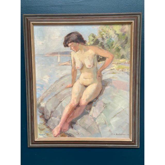 Karl Vilhelm Anstensen, Coastal Scene with Sunbathing Nude Woman, 1957, Oil Painting on Canvas, Framed For Sale - Image 13 of 17