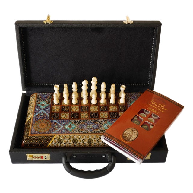 Compact Khatam Marquetry and Tazhib Chess & Backgammon Set With Mother-of-Pearl For Sale
