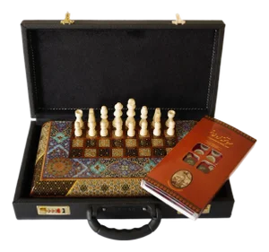 Compact Marquetry and Hand-Painted Chess & Backgammon Set With Mother-of-Pearl