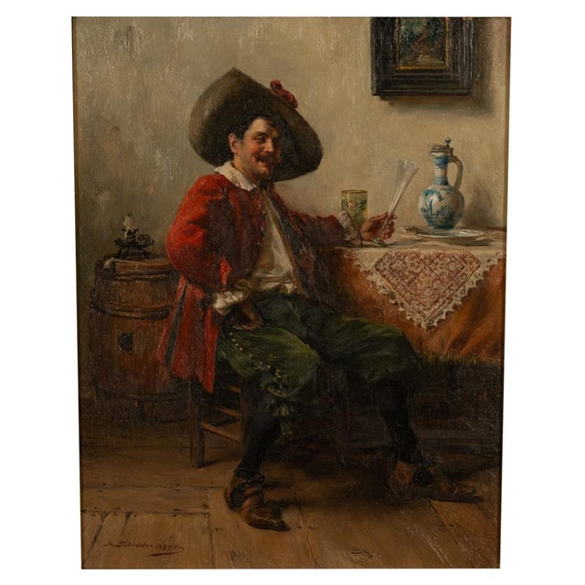 Portraiture Antique German Genre Oil Painting Portrait Cavalier Drinking Wine by Albert Friedrich Schroder, 1899 For Sale - Image 3 of 14