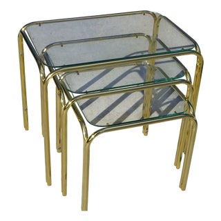 Nesting Tables in Gilt Metal and Tempered Glass, 1990s, Set of 3 For Sale