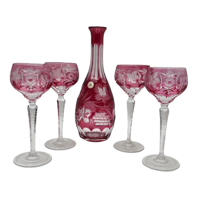 1950s Hutschenreuther Cranberry Overlay Crystal Wine Set Decanter & 4 Glasses Germany For Sale