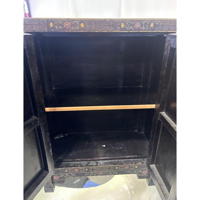 1970s Vintage Asian Black Polychrome Chinoiserie Storage Cabinet Hand Painted Motif For Sale - Image 5 of 5