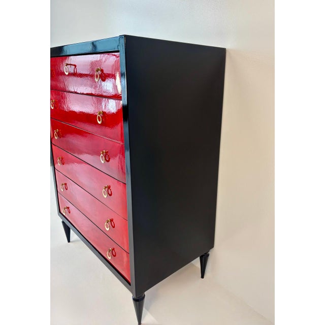 Art Deco Italian Chest of Drawers in Cherry Red Parchment and Black Lacquer, 1950s For Sale - Image 10 of 13
