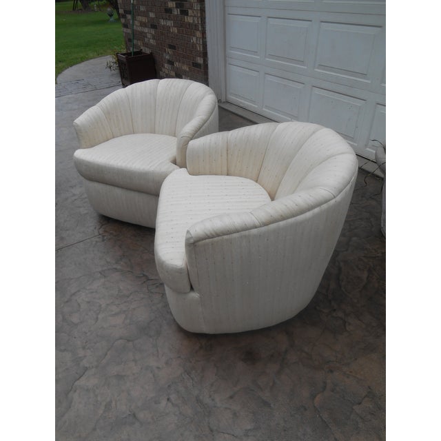 1980s Vintage Selig Swivel Barrel Chairs - A Pair | Chairish Upholstered in green twill, great style and these are super comfortable.