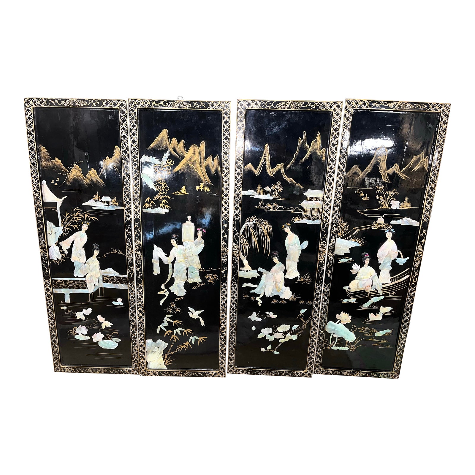 4 Vintage Asian Lacquered Wood Panels | Chairish
