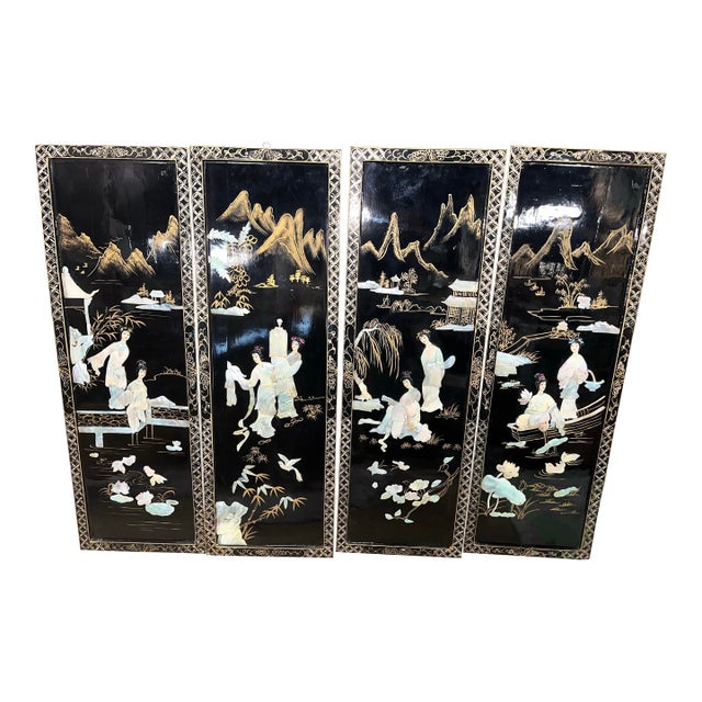 4 Vintage Asian Lacquered Wood Panels For Sale