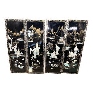 4 Vintage Asian Lacquered Wood Panels