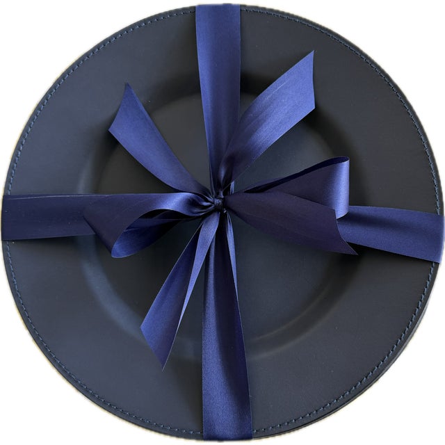 Set of 6 Navy Leather Ralph Lauren Home Chargers With Navy Leather and stiching on the front and Si,ver Plate on the Reverse.