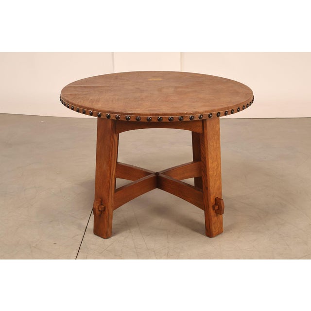 Stickley Commemorative Leather-Top Round Oak Library Table For Sale - Image 12 of 18