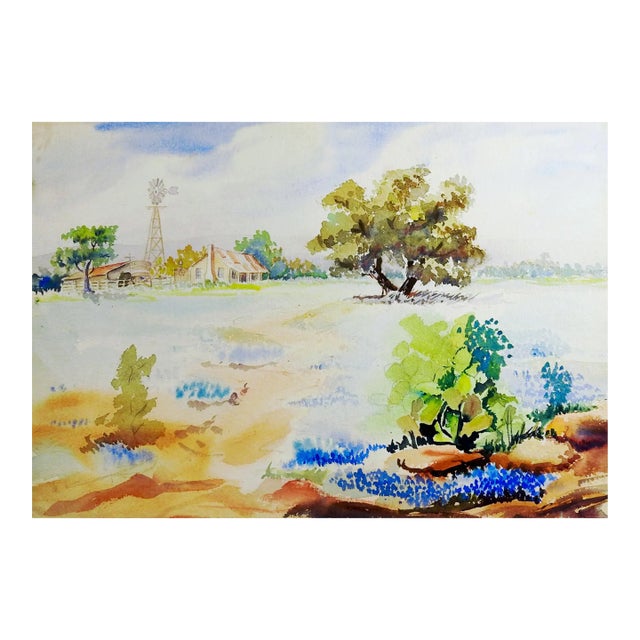 Late 20th Century Bluebonnets & Cactus Landscape Watercolor Painting For Sale